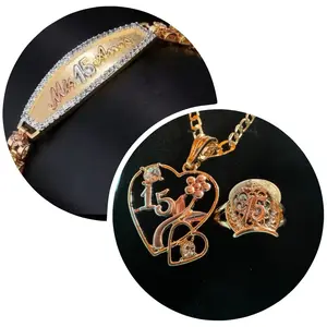 Quinceañera Jewelry Bundle 4 Piece Bracelet Ring Necktlace and Quince Años Pendant
