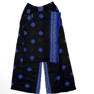 Women's Modest Shaash Set with Long Dress Trousers & Short Hijab in Black and Blue Pattern