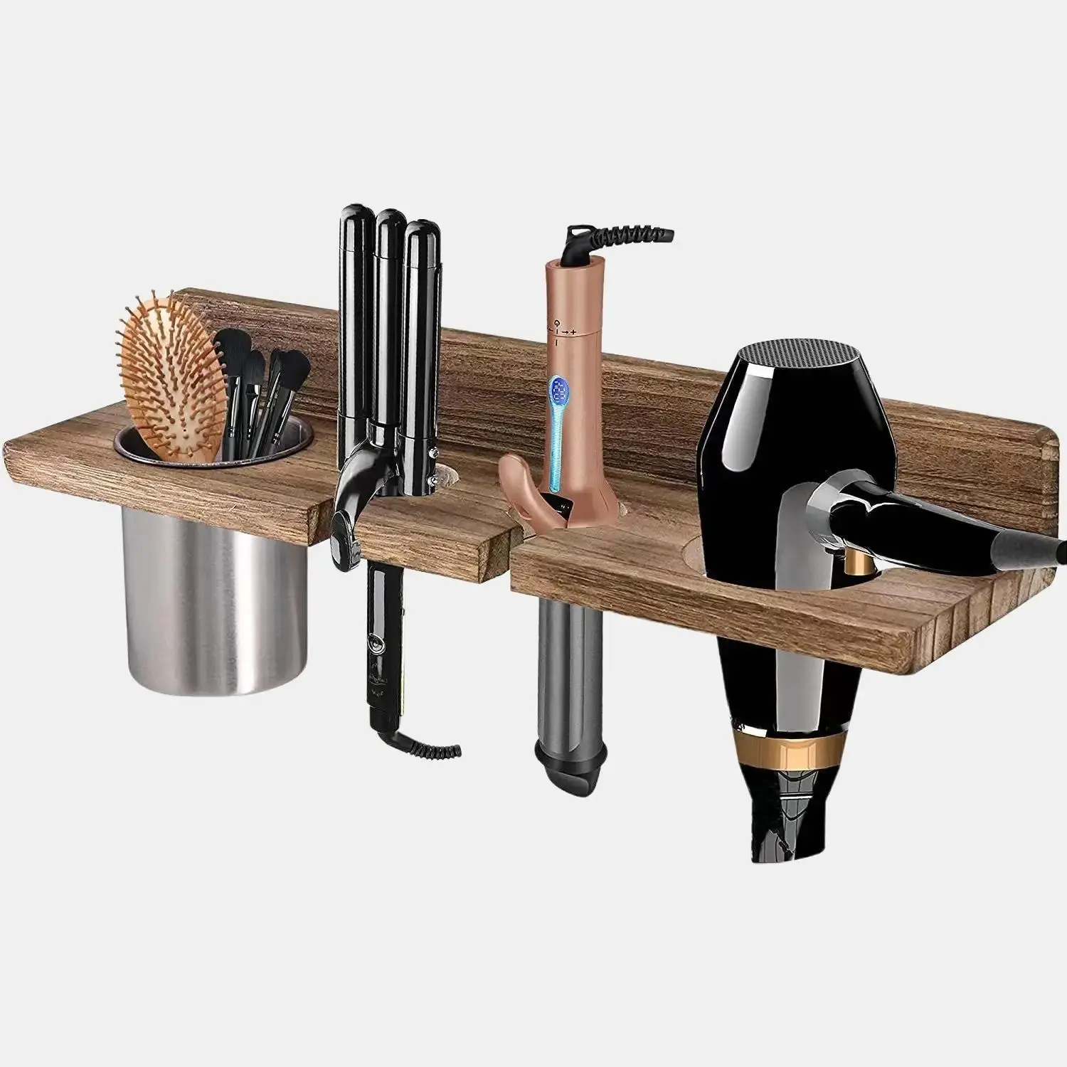 Wall-mounted wooden shelf for hair dryer, curling iron, styling tools, and storage for newlyweds.