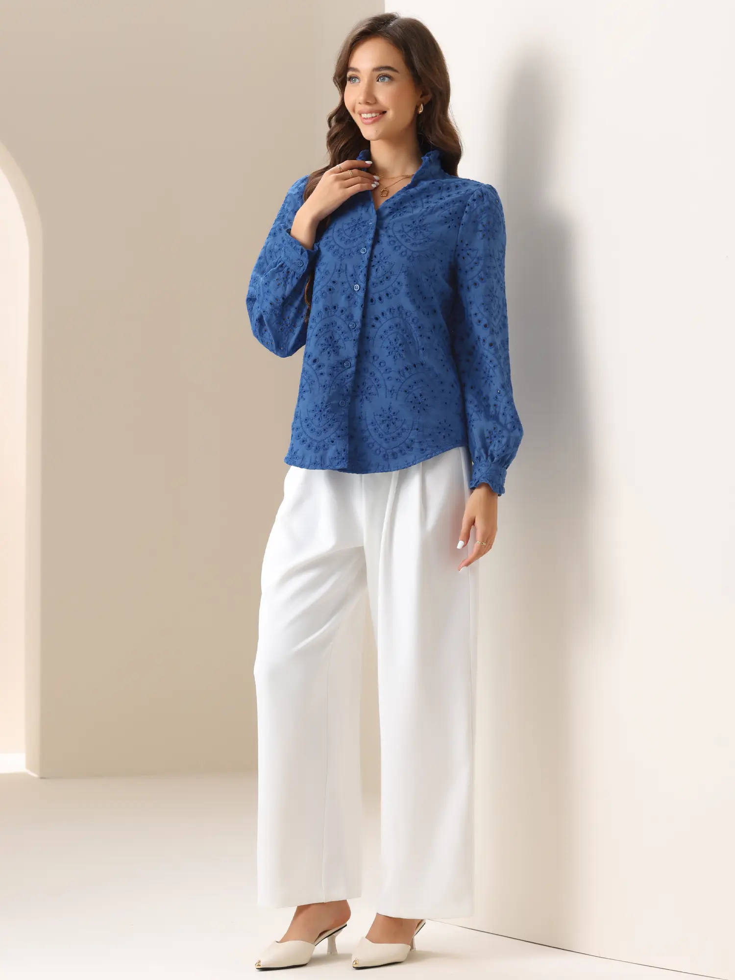 INSPIRE CHIC Women's Ruffled V Neck Casual Work Long Sleeve Swiss Shirts