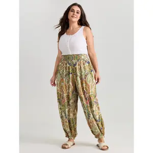 BloomChic Women's Plus Size Paisley Print Wide Waistband Casual Athletic Jogger Pants - 2026 Summer Style, Casual Athletic Joggers