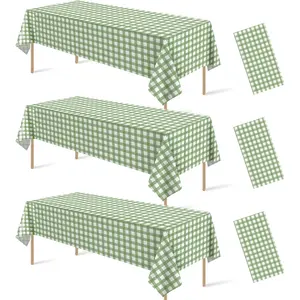 3 Pcs 54 x 108 Inch Sage Green Gingham Disposable Plastic Buffalo Plaid Table Cover for Baby Shower Bridal Wedding Birthday Party Decorations Supplies