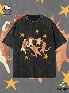 Vintage Washed Dancing Cat Print Short Sleeve T-Shirt Menswear Streetwear for Men, 100% Pure Cotton Loose Fit Top, Floral Pattern, Long Clothing