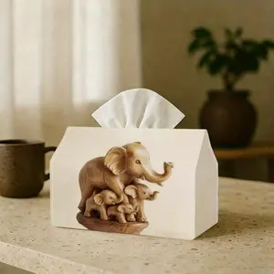 Wooden Elephant Leather Tissue Box Cover Custom Pattern & Size Waterproof PU Leather Home Storage Decor for Bathroom Bedroom Office