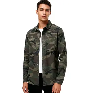 WIRDATRD Men's Camouflage Printed Denim Shirt Button-Front Long Sleeve Streetwear Menswear Outfit Cloth Patch-Pocket Top All-Season Party Look