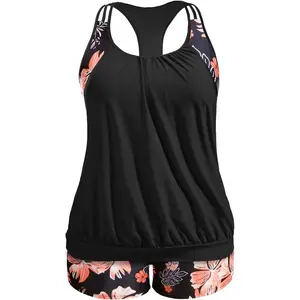 Plus Size Tankini Swimsuit for Women Two Piece Tummy Control Bathing Suit Blouson Racerback Tankini Top with ShortsGift