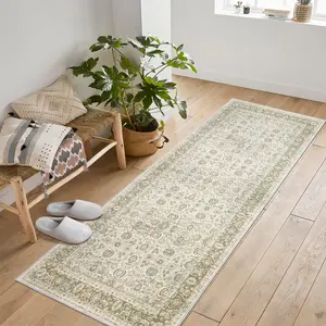 Garvee Runner Rug for Kitchen Rug Non Slip Beige 2 ft x6 ft Washable Rugs with Rubber Backing Soft Vintage Floral Carpet Runner for Kitchen, Laundry, Bedroom, Bathroom