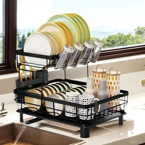 2 Tier Dish Drying Rack with Drainboard lron DishDrainers Kitchen Counter Sink with Adjustable SpoutUtensil Holder Knife Slots dish dryer rack RustproofBoard Durable easy to install perfect size Greatvalue sturdy classy Organiser Thanksgiving Gift
