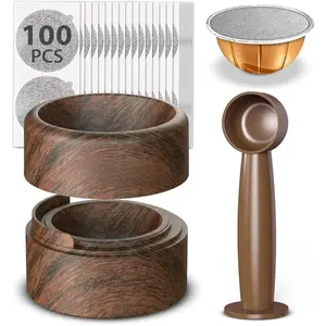 Reusable Vertuo Pod Refill Kit for Nespresso: Reusable Vertuo Capsule for Nespresso/Coffee Pods Vertuoline with Aluminum Foil Lids for Any Size of Vertuo Plus Espresso Pod- Wood Grain Holder
