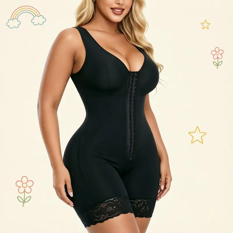 Women's Colombian-Style High Compression Shapewear Bodysuit - Smooth Elastic Fitted Overall, Butt-Lifting, Tummy Control, Hook Closure, Lace Non-Slip Trim, Bra Pad Pockets, Adjustable Mesh Fabric, Lightweight Leg Garment for Athletic Use