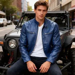Men's stand collar leather jacket with a simple and stylish design, featuring multiple zipper pockets and a stand collar silhouette suitable for adult men's daily commute and casual occasions.