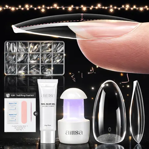AILLSA 2.0 Built-in Curve Fit Clear Nail Tips Set, Mini UV Cure Lamp, 30g Strong Solid Nail Glue Medium Almond Full Cover Nail Extensions Thicker Acrylic Nails Pre-sculpted Press-On Nail gel x nail gift for Flat Nails TikTokShopBackToSchool sohochic, Nail