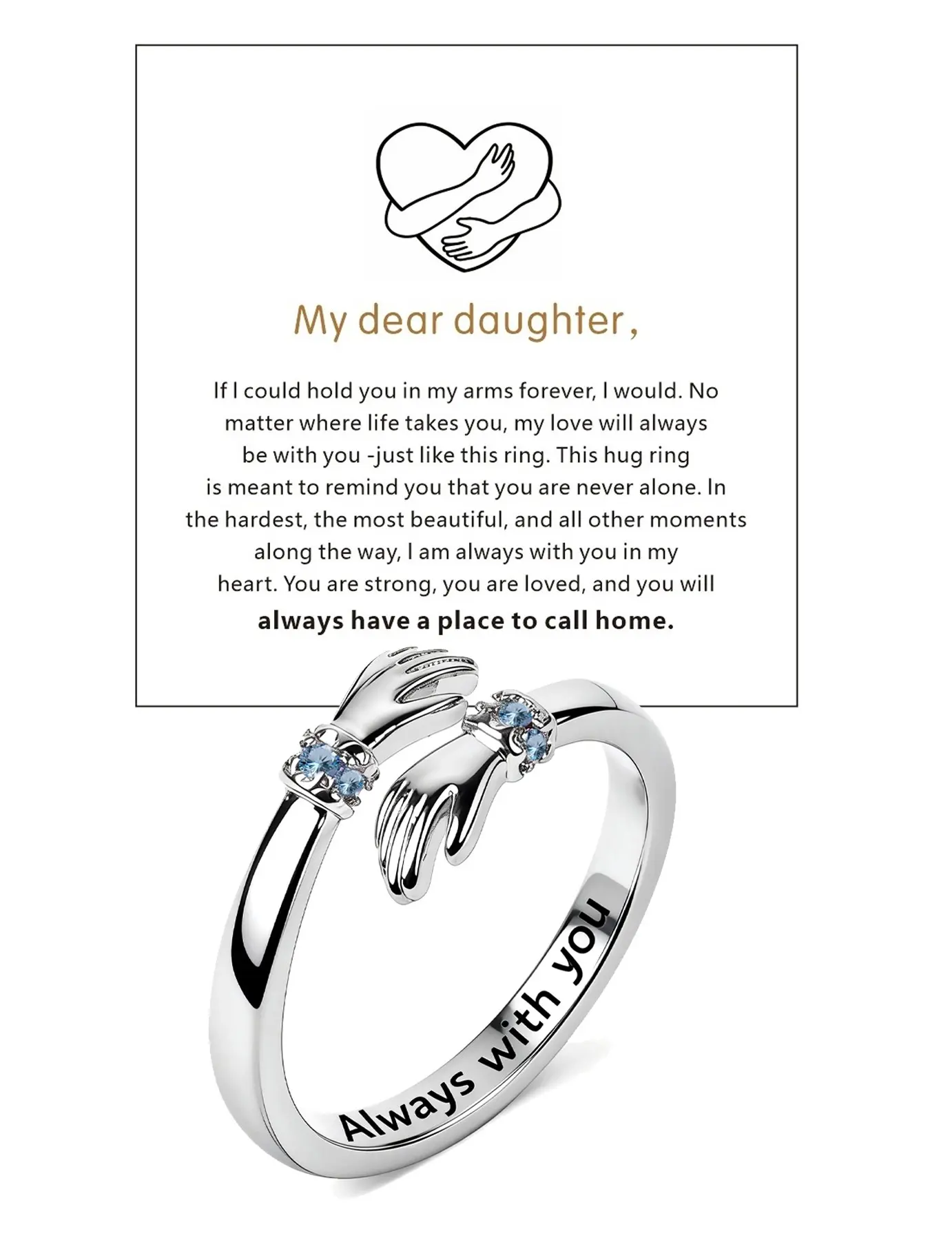 Heart-shaped hug ring for women, silver, stylish adjustable accessory. A mother's gift, a gift for sisters, a friendship jewelry gift, a gift for mothers, daughters, wives, and other women on holidays and birthdays.