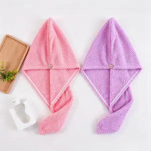 2Pcs Pineapple Grid Hair Towel Wrap Set, Cute Bear Button Bath Cap, Ultra Absorbent Quick Dry Coral Fleece Turban, Soft Breathable Head Towel for Wet Hair, All Hair Types, Bathroom Accessories Essentials