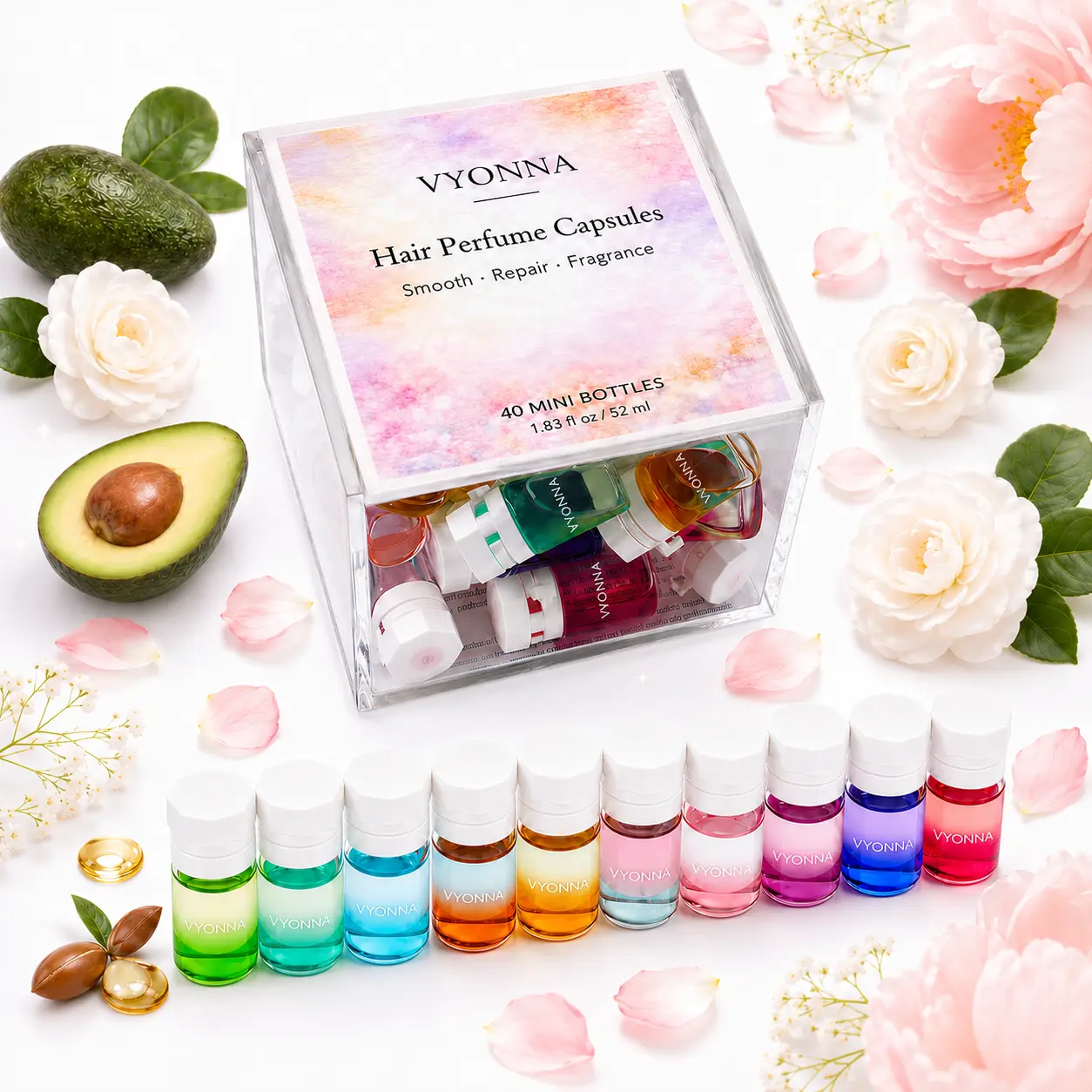VYONNA Hair Perfume Oil Capsules, 40 Mini Bottles with 10 Scents, 2-in-1 Hair Oil & Fragrance, Lightweight Serum for Dry, Frizzy, Damaged-Looking & Heat-Styled Hair, Travel Size, 1.83 fl oz