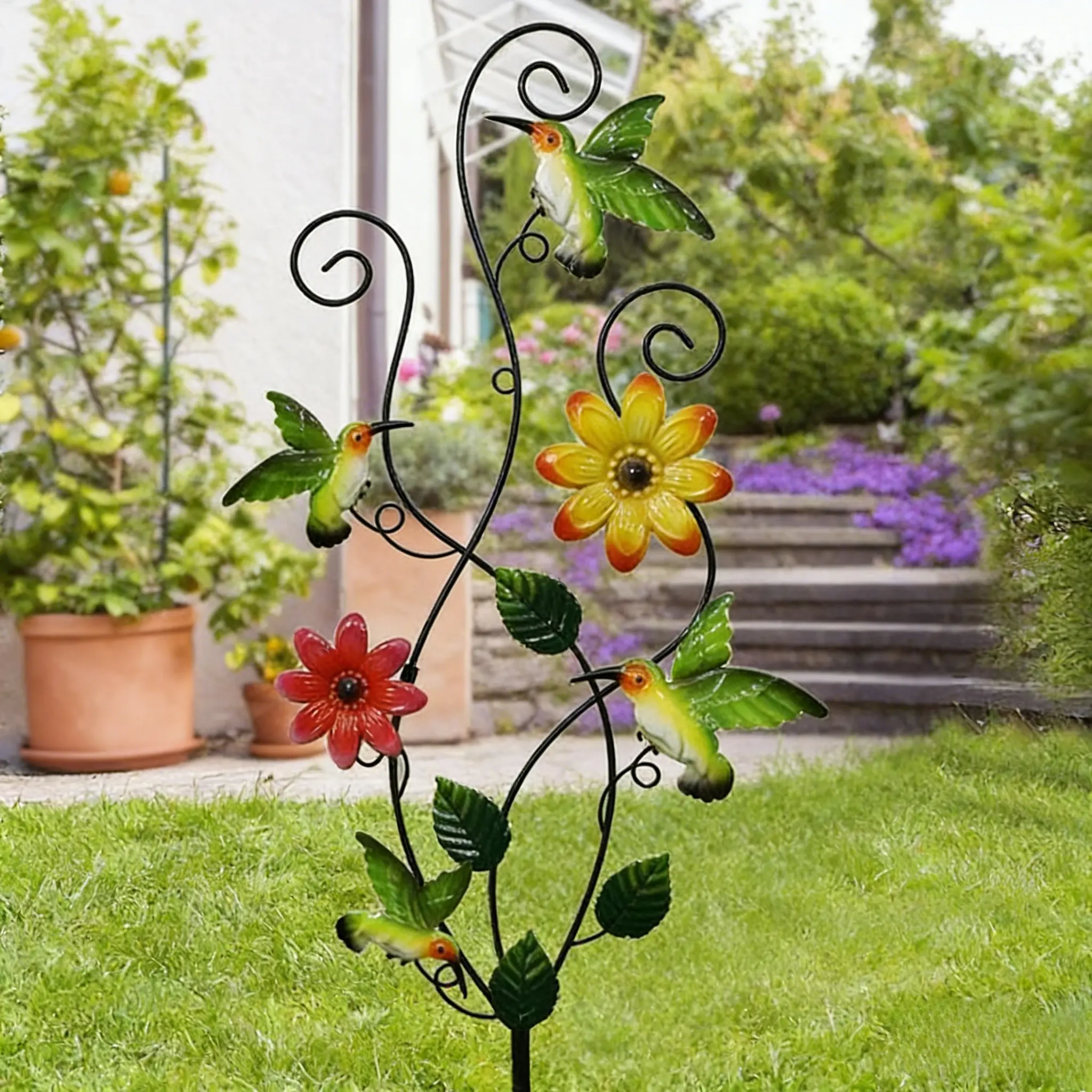 26.3 Inch Hummingbirds Garden Stake Decor, Colorful Look & Personalities Flowers Metal Wall Art Spring Decoration, Yard Outdoor Lawn Pathway Patio Ornaments