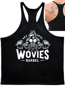 Men's Wovies Barbell Muscle Wolf Graphic Tank Top, Loose-Fitting Sleeveless Sports T-Shirt for Gym Training, Sporty Style
