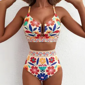 Two Piece Swimsuit for Women - Floral V-Neck High Waisted Bikini Set with Tummy Control Tummy Control Swimwear Swimming Beach
