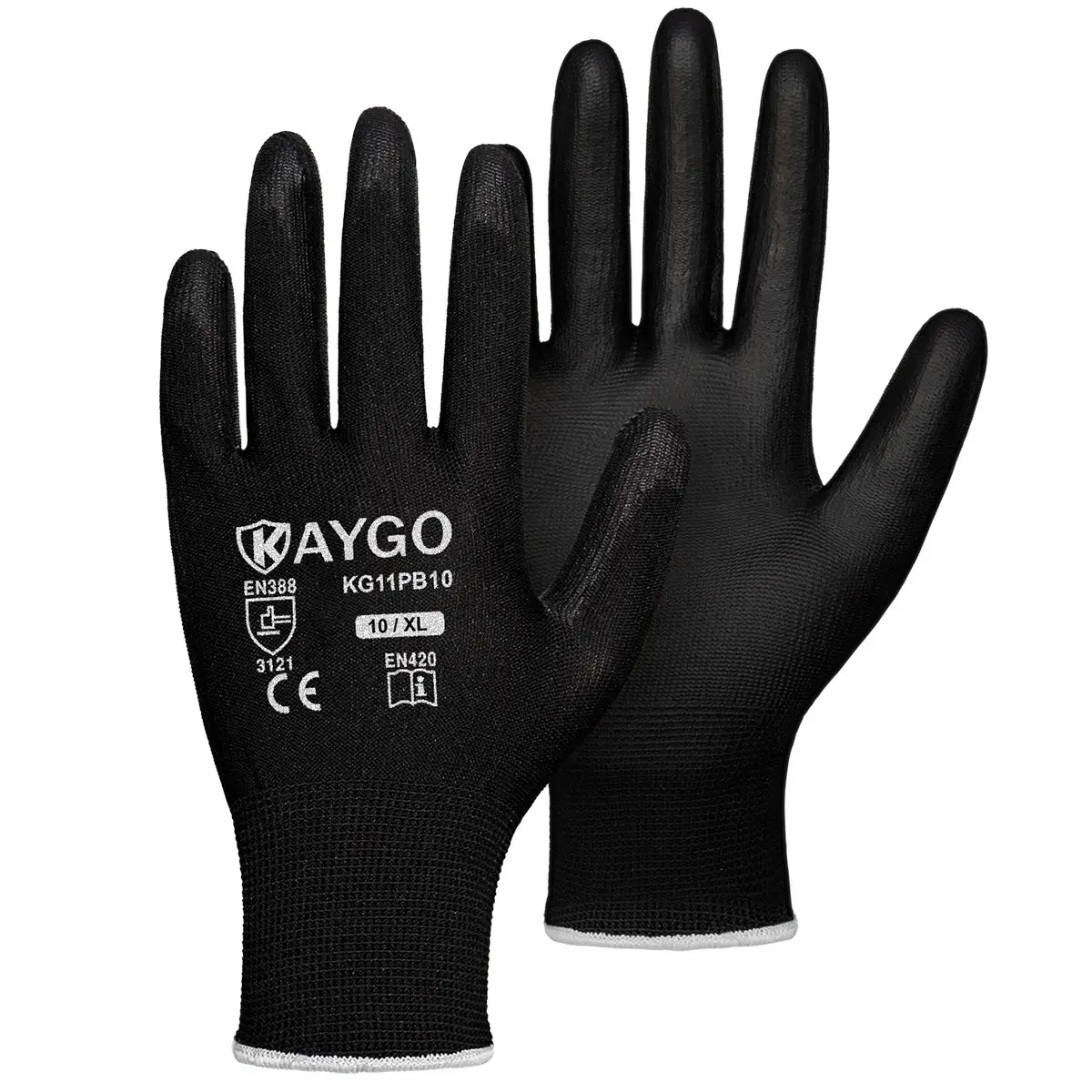 KAYGO Safety Work Gloves PU Coated-12 Pairs, KG11P, Seamless Knit Glove with Polyurethane Coated Smooth Grip on Palm&Fingers, for Men and Women, Ideal