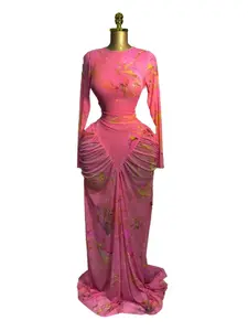 PULKRITU Women's Tie-Dye Print Layered Ruffle Long Sleeve Midi Dress, Slim Fit Fashion Party Dress, Casual Dress, Ruched Midi Dresses, Mesh See Through Long Dresses, Formal, Bodycon Party Dress