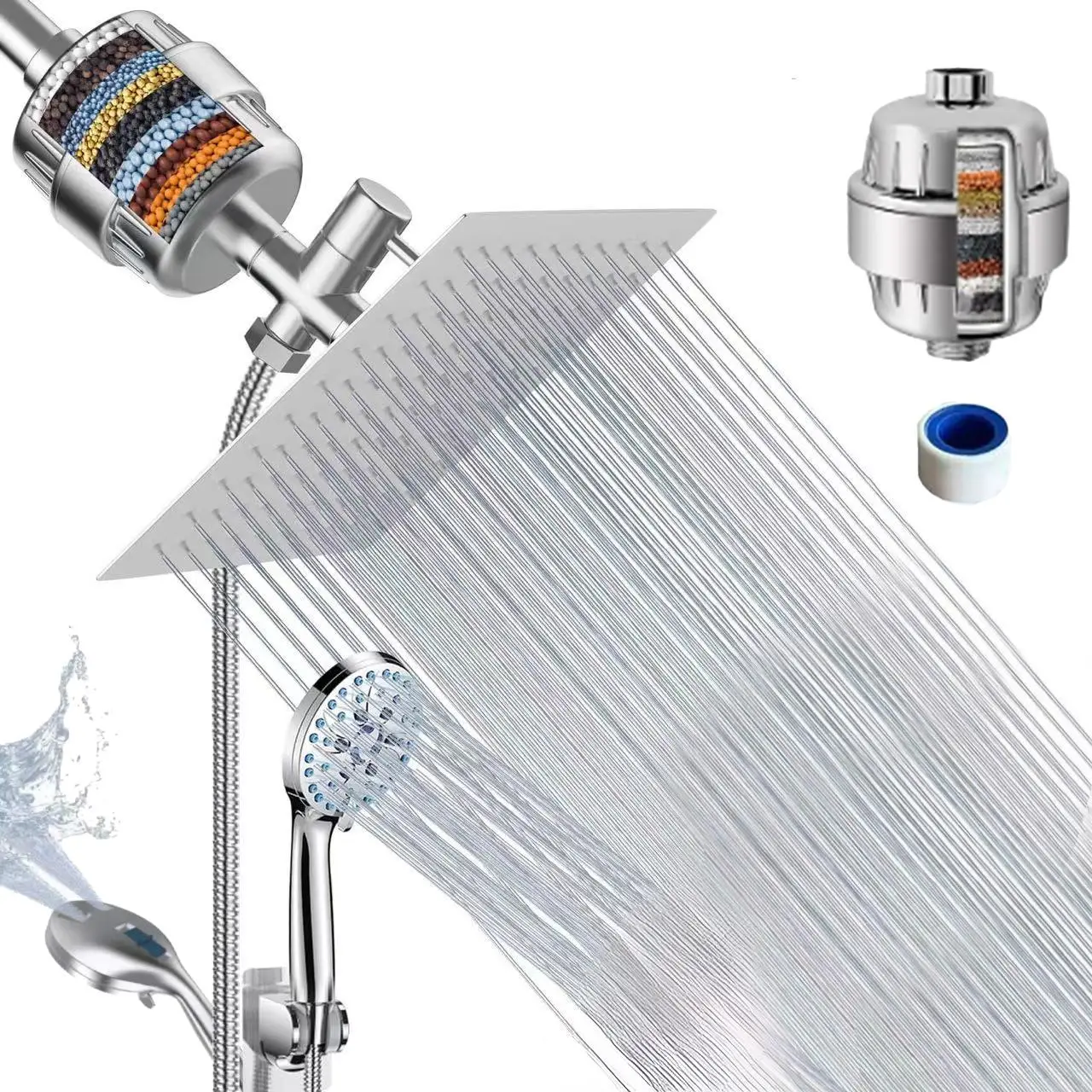 High Pressure Shower Head Set, Including 1 Square Shower Head & 1 Handheld Shower Head & 1 Filter & 1 Water Diverter & 1 Bracket & 1 Pipe Tape & 1 Hos