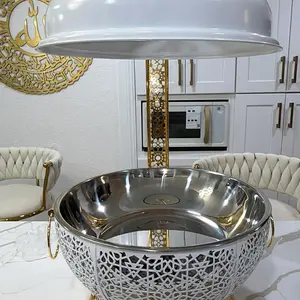 Exquisite 8 Quart Round White  & Gold Chafing Dish with Lid and Stand: Elegant Buffet Server for Catering and Special Events - Buffet Warmer Chafer