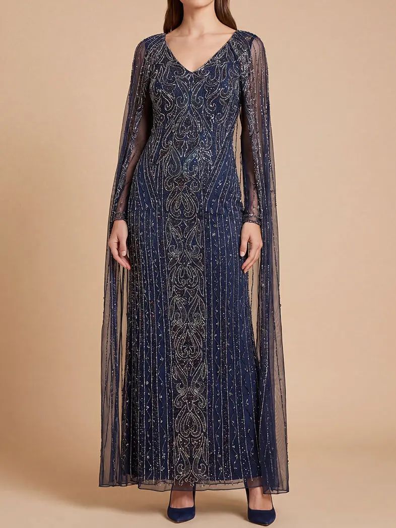V-Neck Linear Beaded Dress with Long Cape |  28838
