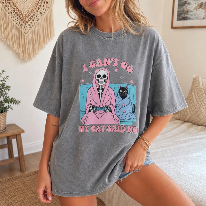 Pastel Goth Gamer Graphic Tee Women Soft Washed Cotton Cant Go My Cat Said No Skeleton Shirt S-5XL