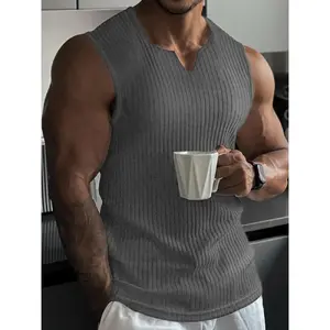 Men's Spring & Summer Outfits Plain V Neck Sleeveless Pullover Vest T-Shirt for Daily Wear, Gym Wear, Ribbed Texture, Casual Sporty Versatile Wear, Workout Apparel