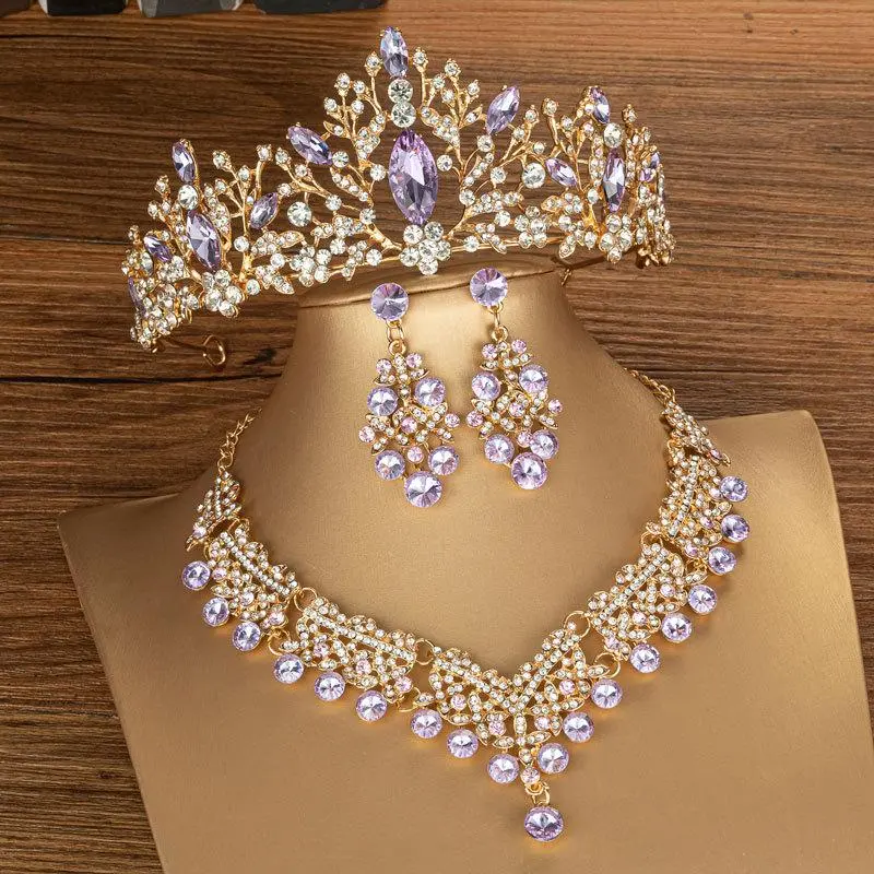 Luxury Crystal Bridal Jewelry Sets Women Purple Pink Tiara Earrings Choker Necklace Wedding Dress Bride Crown Jewelry Set