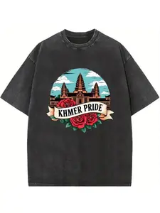 Men'S Heavyweight 230gsm T-Shirt - Vintage Wash Breathable Loose Casual Tee with Khmer Pride Cambodia Map & Angkor Wat Print