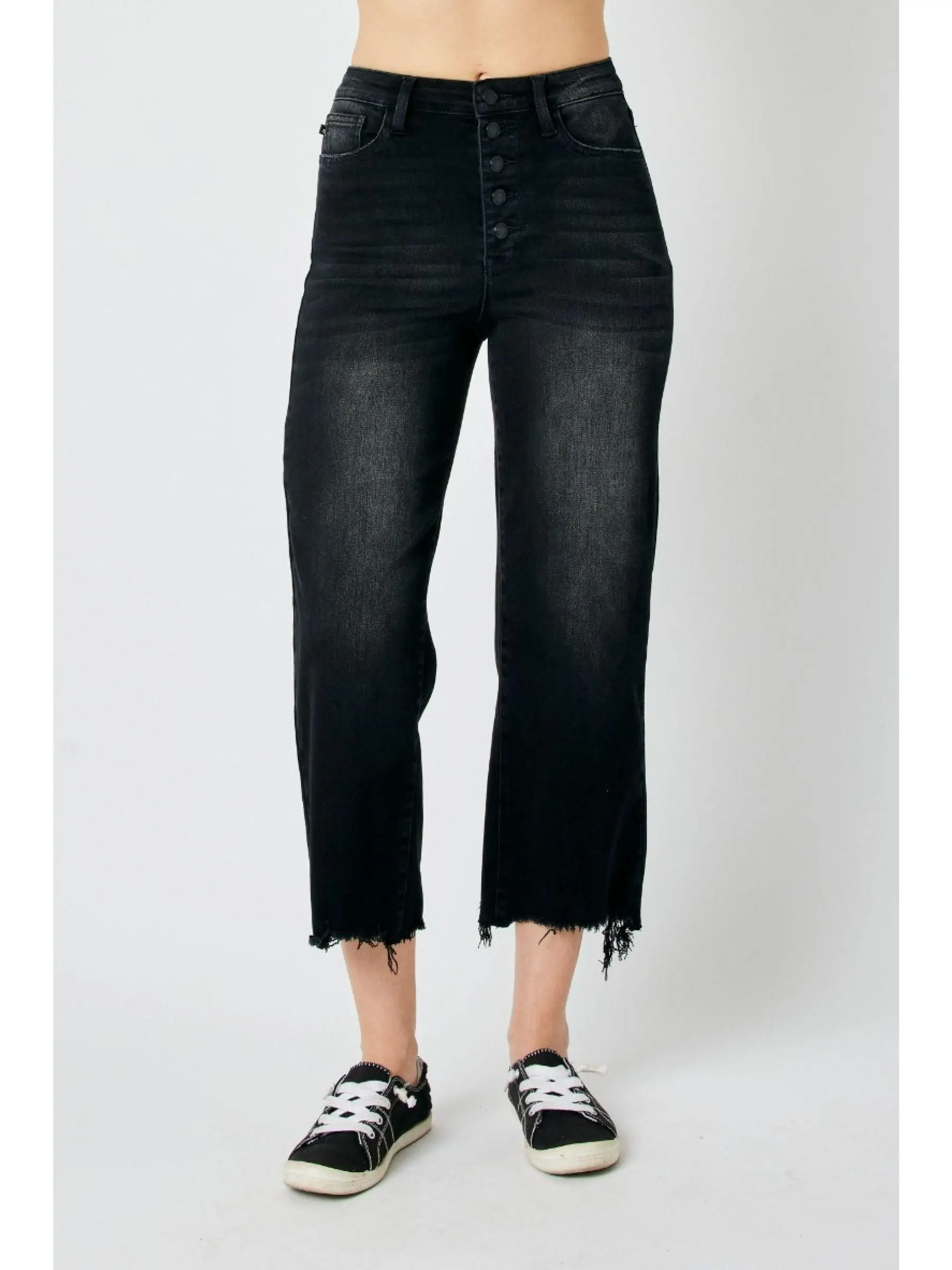 Judy Blue High Waist Button Fly Wide Leg Black Crop Jeans 88829, Stretchy Cotton Comfort Denim Womenswear Bottom, Size down 1