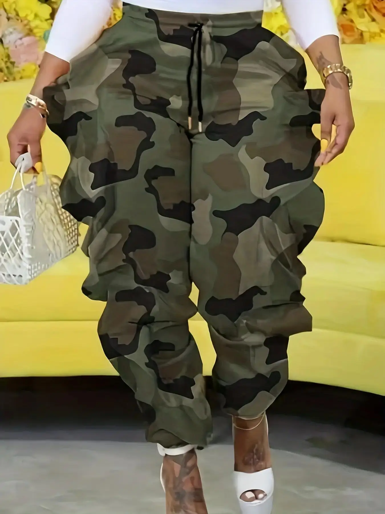 Women's Camo Print Ruffle Trim Drawstring Waist Pants, Fitted Streetwear Clothes, Pants for Women, Summer Outfits, Breathable Comfy High Waist Trouser