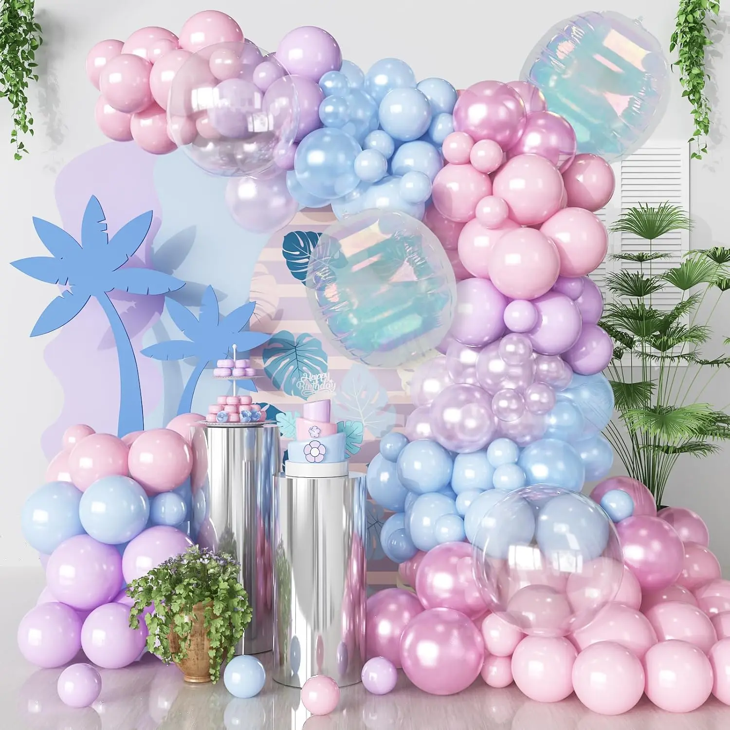 Pastel Pink Blue Purple Balloon Arch Kit with Iridescent Clear Balloons for Mermaid Party