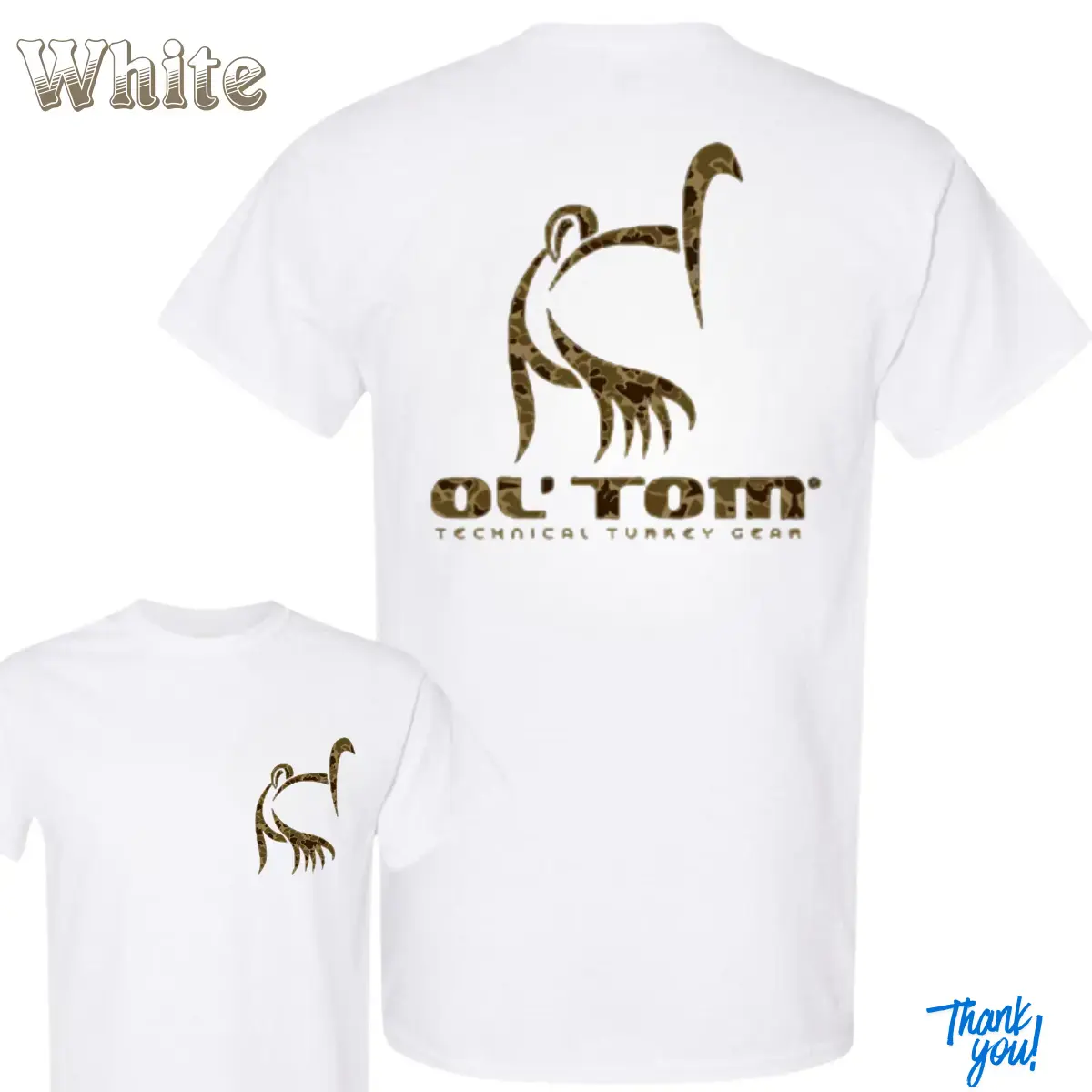 Ol' Tom Turkey Hunting T-Shirt - Camouflage Turkey Logo Back Print , Technical Turkey Gear Brand Style , Outdoor Hunting Apparel , Casual Everyday Wear , Great Gift For Hunters, Top Menswear Streetwear Casual