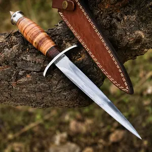 Vintage Style Fixed Blade Knife – Stacked Leather Handle with Leather Sheath