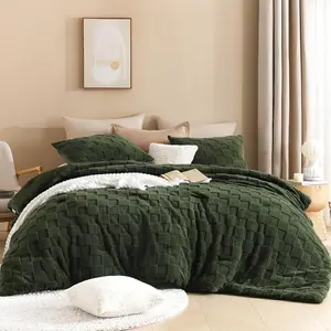 Size Comforter Set Olive Green, 3 Pieces Warm Sherpa Fleece Winter Bedding Set, Jacquard Checkered Plush Fuzzy Blanket Bed Set(1 Comforter, 2
