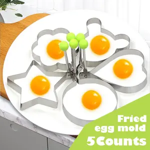 5 Counts Stainless Steel Fried Egg Rings, Non-Stick Egg Shaper Molds with Handle for Griddle Pan Cooking Shaped