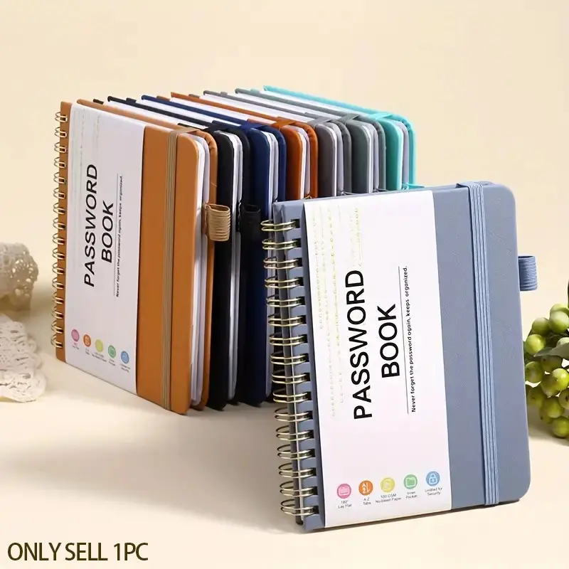A6 Alphabetical Index Password Work Notebook Journal with PU Leather Cover - 1pc Minimalist Style with Glossy Finish, Perforated Pages, Plain Ruling for Business and School Journals for Writing
