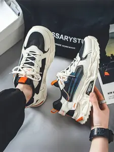 Men's Beige-Black-Orange Color-Block Platform Dad Shoes: Mesh Breathable + Height-Increasing Anti-Slip, High-Street Trendy Colorblock Sneakers