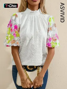 Women's Casual Style Shirt Solid Color Short-Sleeved Fitted Top Floral Blouse with Smocked Collar Sequin Flower Decorations Puff Sleeves and Textured Design