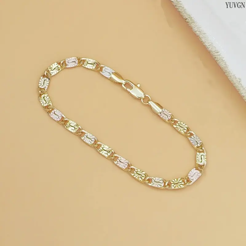 Women's 14K Tri-Color Mariner Link Bracelet - Polished Floral Engraved 3-Tone Gold Chain, Dainty Minimalist Statement Jewelry, Ideal Birthday Holiday Gift, Yellow Gold Bracelet for Indoor Leisure Use