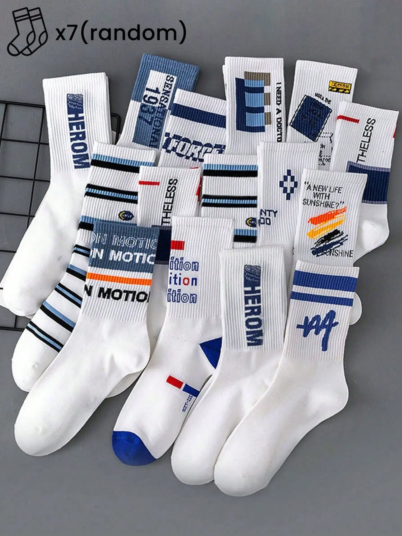 7 Pairs Random Mid-Calf Athletic Sports Socks, Unisex Athletic Summer Streetwear Style, Colorblock Ribbed Letter Design, Breathable and Sweat-Wicking, Ideal for Students