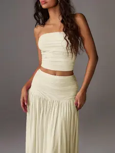 MARANDAS Pink Mesh Bandeau High Rise Pleated Long Bottoms Vacation Duo Coquette Vibe