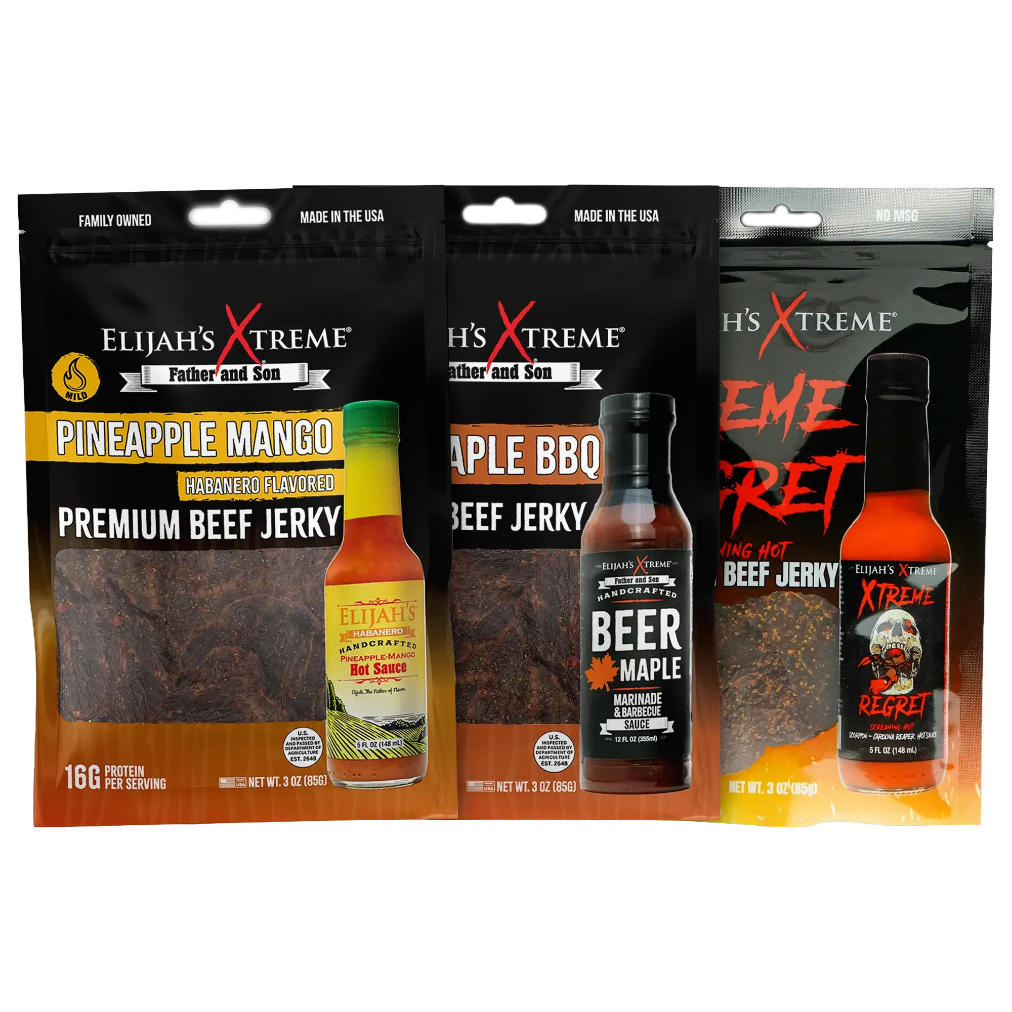 Elijah’s Xtreme Beef Jerky Trio Pack - 3 Pack, Maple BBQ, Carolina Reaper (Xtreme Regret) & Pineapple-Mango Habanero, High Protein, Gluten Free