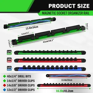 Magnetic Socket Organizer Kit, 1/4'' 3/8'' 1/2'' Heavy Duty Socket Holder Holds 40 Clips, Aluminum Sockets Rail for Tool Box Drawer with 1/4'' Slidable Drill Bit Organizer Holds 40 Bits