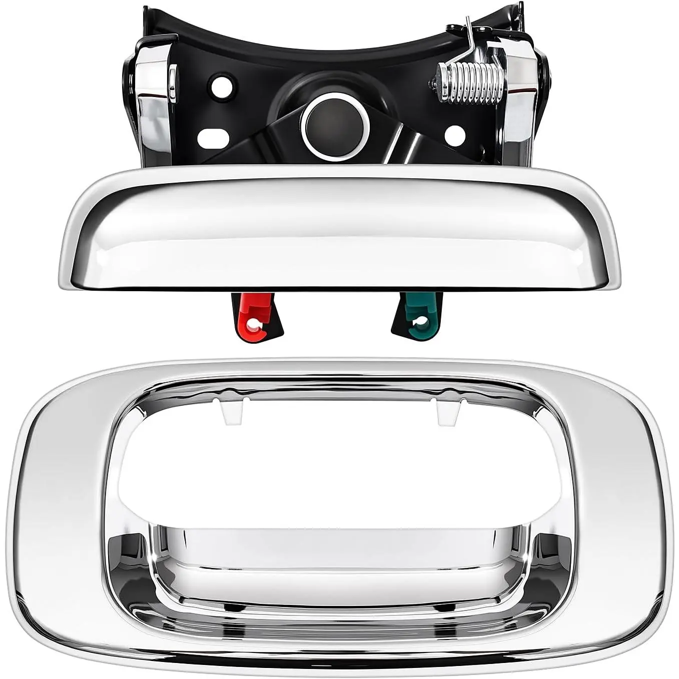 Sturdy High-Quality Chrome Tailgate Door Handle & Bezel Lock Set Replacements for 1999-2007 Chevy Silverado 1500 1500HD 2500HD 3500 Classic Old Body Style, GMC Sierra - Long-Lasting w/Rod Clips - Replaces# 15997911,15228539,15228541,15228540