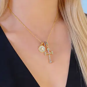 FAITHOPIA Dainty Gold Cross Charm Necklace for Women, Pink Heart Zircon Pendant with Sun Charm, Elegant Layered-Look Jewelry Gift