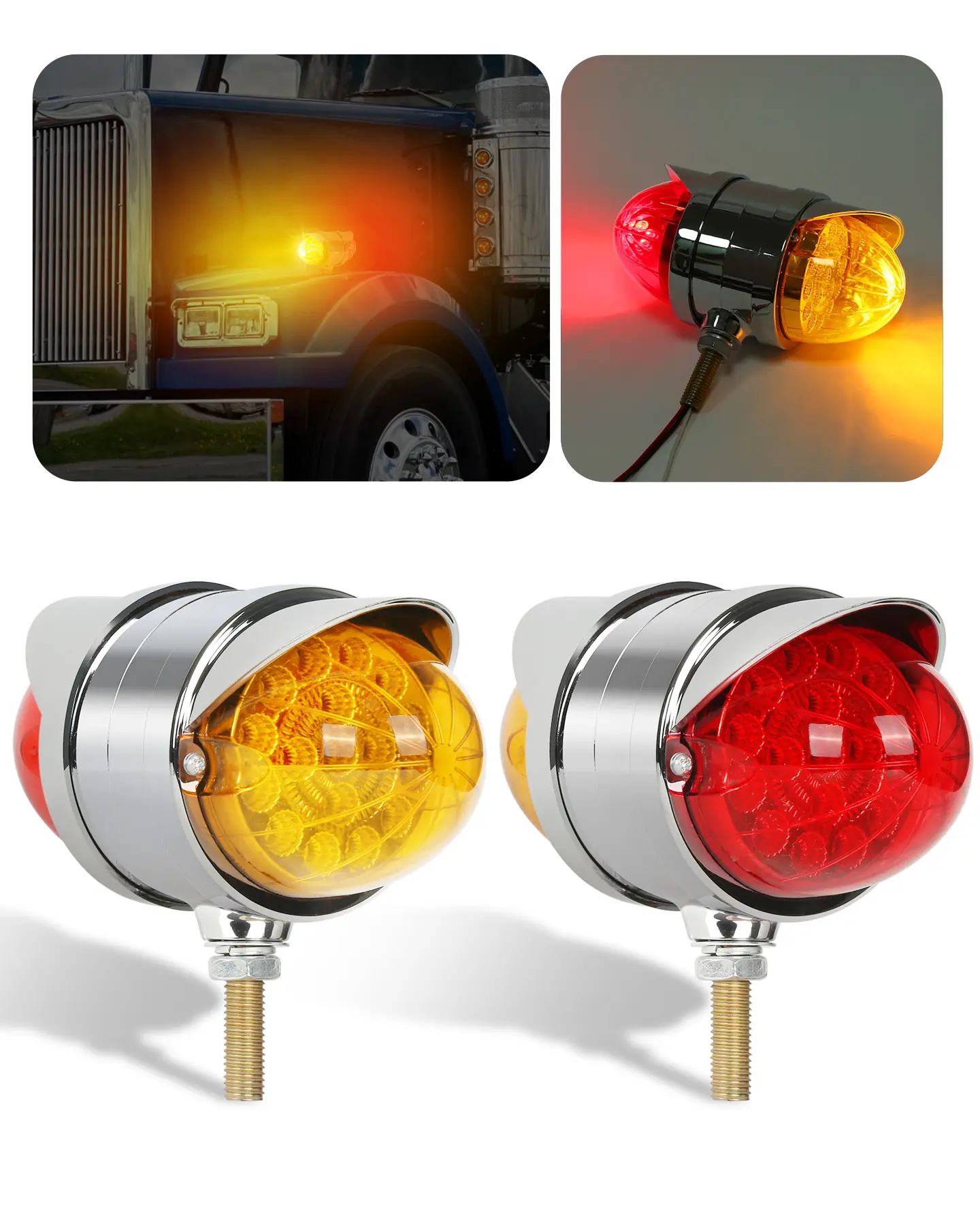 ASNOO 2PCS Double Face 34-LED Watermelon Turn Signal Lights with Visor, Chrome Waterproof Trucks/RVs Lighting, Bright LEDs Help You Be Seen Early for Dump Trucks, Mack, Boats