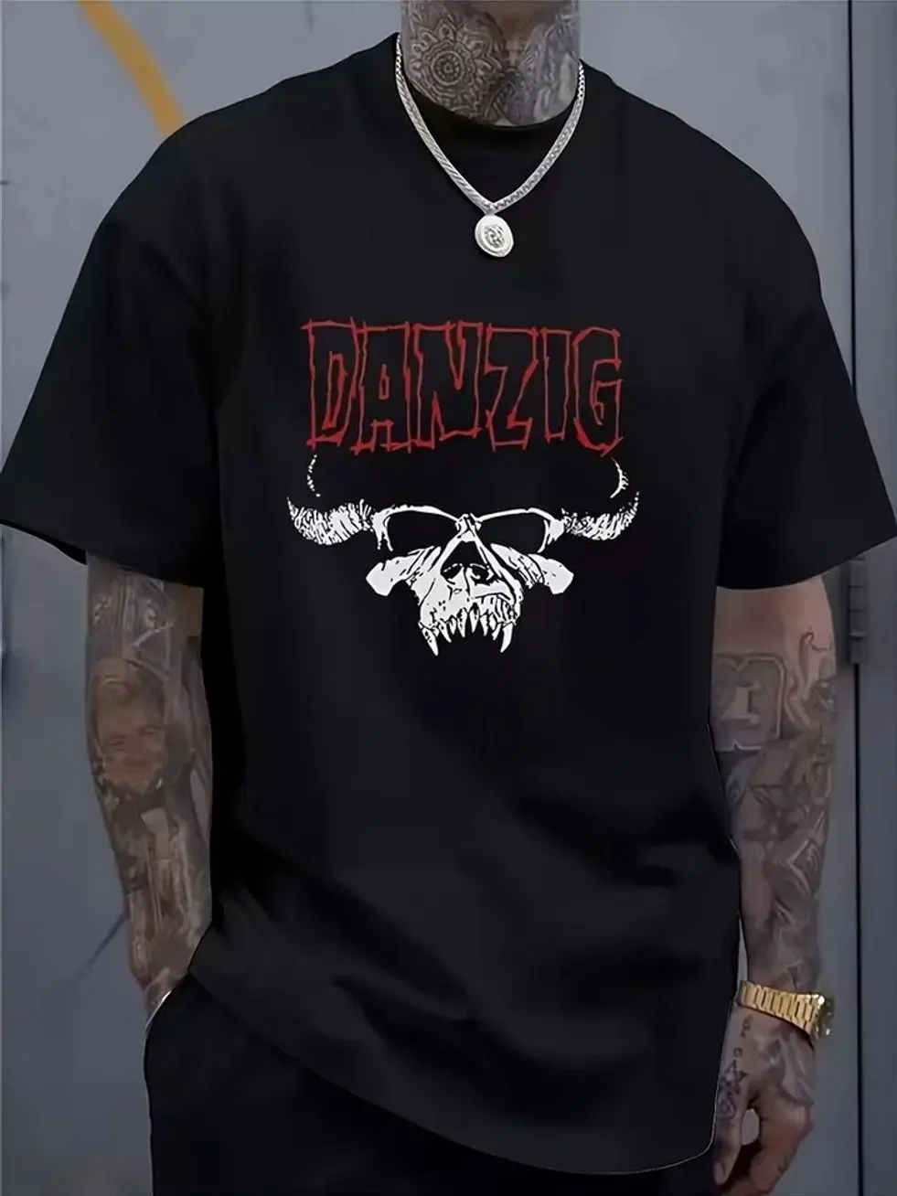 1pc Danzig Heavy Metal Graphic Men'S T-Shirt - Skull & Horn Design, Breathable F 5